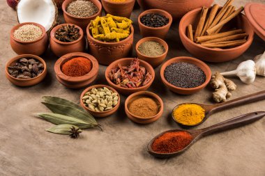 pişmiş toprak kaplar, Hint renkli baharatlar, Hint baharat grubu, baharatlar, Hindistan ve farklı boyut pişmiş toprak kaplarda düzenlenmiş baharat grubu Hint baharat