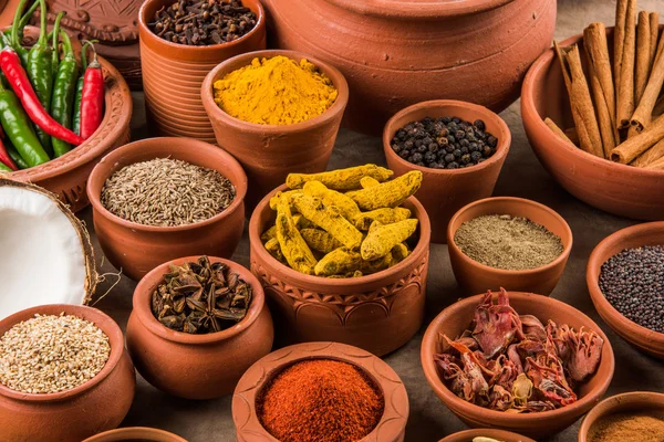 indian spices in terracotta pots, indian colourful spices, group of indian spices, group of spices, india and spices arranged in different size terracotta pots
