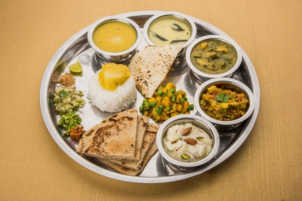 Maharashtrian or marathi food platter or marathi food thali , pune, mumbai konkan, vidarbha food — Stock Photo, Image