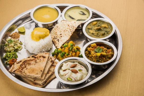 Maharashtrian or marathi food platter or marathi food thali , pune, mumbai konkan, vidarbha food — Stock Photo, Image