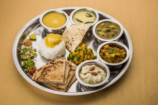 Maharashtrian or marathi food platter or marathi food thali , pune, mumbai konkan, vidarbha food — Stock Photo, Image