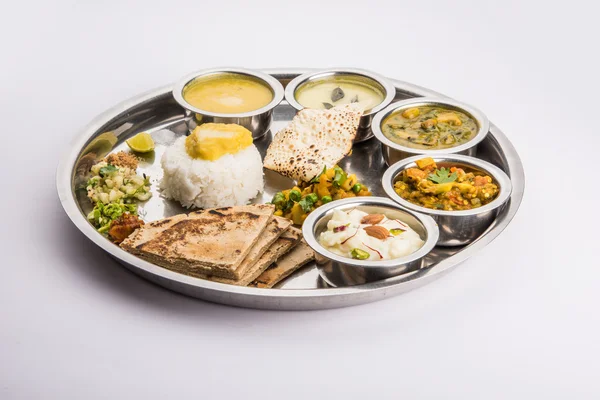 Maharashtrian or marathi food platter or marathi food thali , pune, mumbai konkan, vidarbha food — Stock Photo, Image