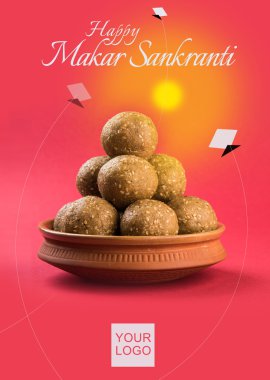 Hindu din Makar Sankranti Festivali için tebrik kartı, makar sankranti selamlar, mutlu makar sankranti, hint festivali ocak ayında uçurtma oynarken kutladı ve tatlı til gul laddu yeme