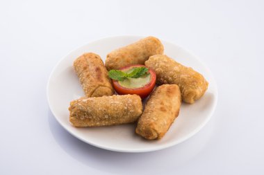 domates ketçap ile beyaz oval seramik plaka sebze rulo veya sebze bahar rulo