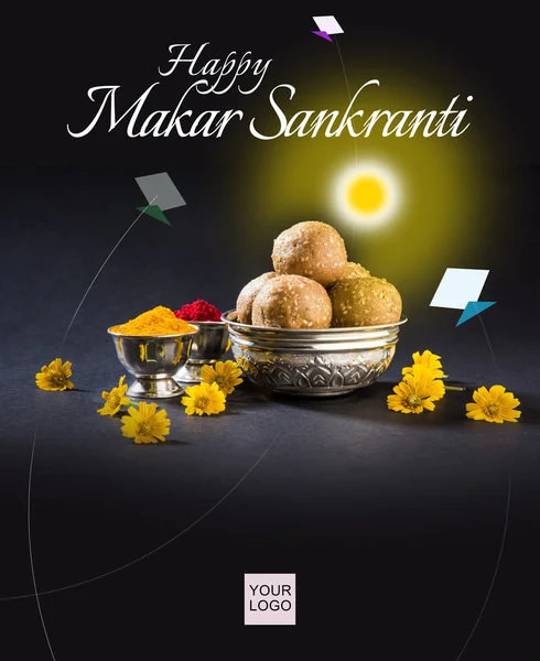 Üdvözlőkártya a Makar Sankranti fesztivál hindu vallás, Makar Sankranti üdvözletet, boldog Makar Sankranti, indiai fesztiválon ünnepelte januárban játszott sárkányok és étkezési édes til Gul lengyel — Stock Fotó