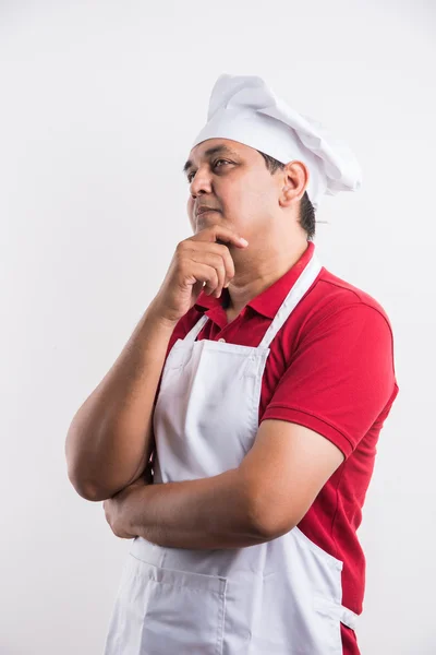 Young indian male chef thinking about something, asian male chef thinking, isolated over white background — Stock Photo, Image