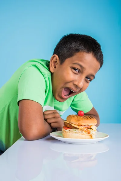 Schattige Indiase jongen en Hamburger in kleine witte plaat, kleine Aziatische jongen en Hamburger, over kleurrijke achtergrond — Stockfoto