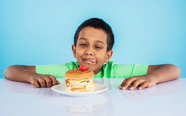 Schattige Indiase jongen en Hamburger in kleine witte plaat, kleine Aziatische jongen en Hamburger, over kleurrijke achtergrond — Stockfoto