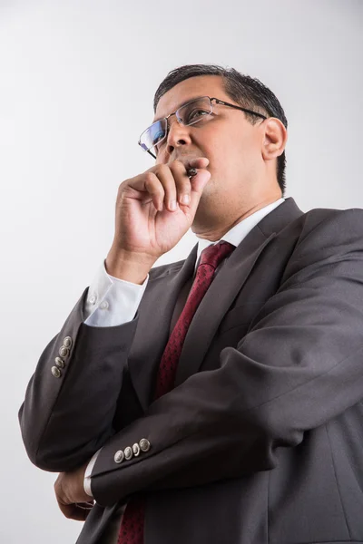 indian businessman holding ball pen and thinking, indian businessman thinking, asian businessman holding pen while deep thinking, indian businessman solving problem, isolated over white background