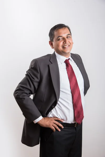 Porträtt av leende indisk affärsman, glad asiatisk affärsman front profil, indisk affärsman isolerad över vit bakgrund — Stockfoto