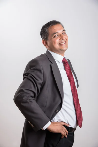 Porträtt av leende indisk affärsman, glad asiatisk affärsman front profil, indisk affärsman isolerad över vit bakgrund — Stockfoto