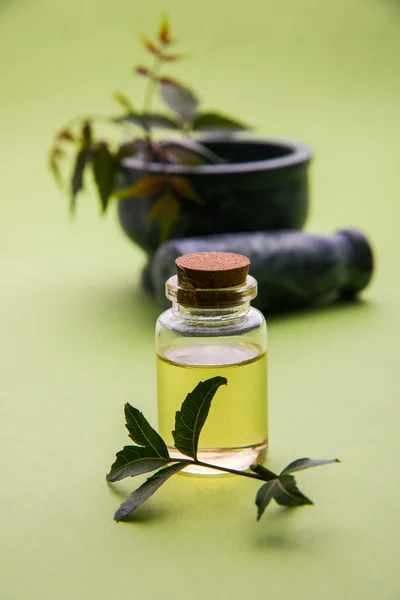 Ayurvedische Kräuter neem mit Öl in Flasche mit Mörser — Stockfoto