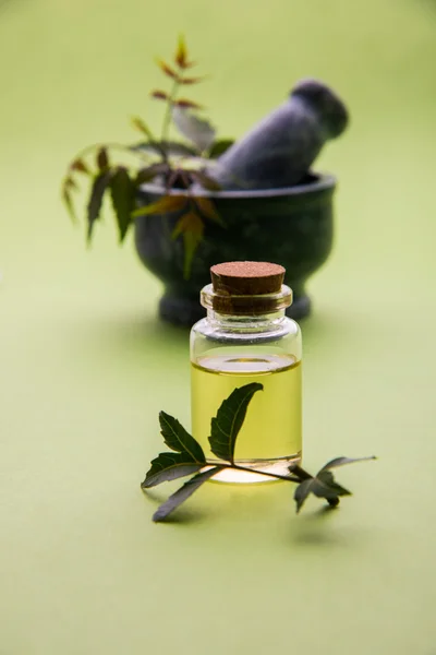 Herbes ayurvédiques Neem à l'huile en bouteille avec mortier — Photo