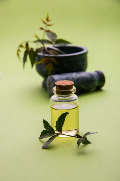 Herbes ayurvédiques Neem à l'huile en bouteille avec mortier — Photo