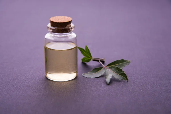 Ayurvedische Kräuter neem mit Öl in Flasche mit Mörser — Stockfoto