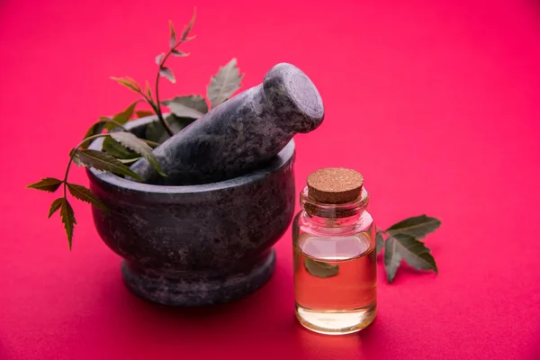 Ayurvedische kruiden Neem met olie in fles met mortel — Stockfoto