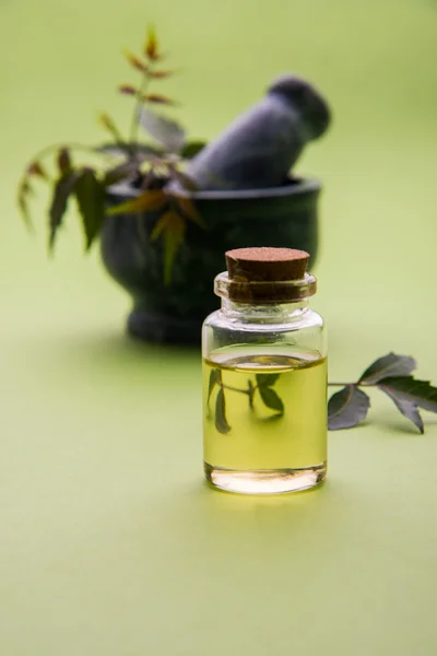 Ayurvedische Kräuter neem mit Öl in Flasche mit Mörser — Stockfoto