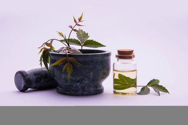 Ayurvedic Herbs Neem with Oil in bottle with mortar — Stock Photo, Image