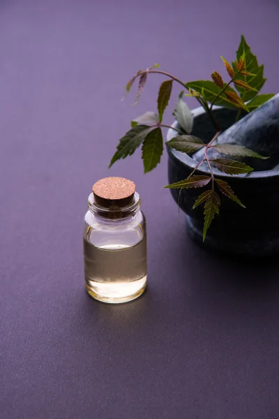 Herbes ayurvédiques Neem à l'huile en bouteille avec mortier — Photo