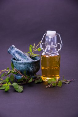 Mehmet yağı veya kutsal fesleğen yağı ile harç ve havaneli, Mehmet ya da kutsal fesleğen bitki qeen Ayurveda Hindistan'da eski zamanlardan beri olduğunu