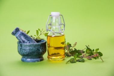 Mehmet yağı veya kutsal fesleğen yağı ile harç ve havaneli, Mehmet ya da kutsal fesleğen bitki qeen Ayurveda Hindistan'da eski zamanlardan beri olduğunu