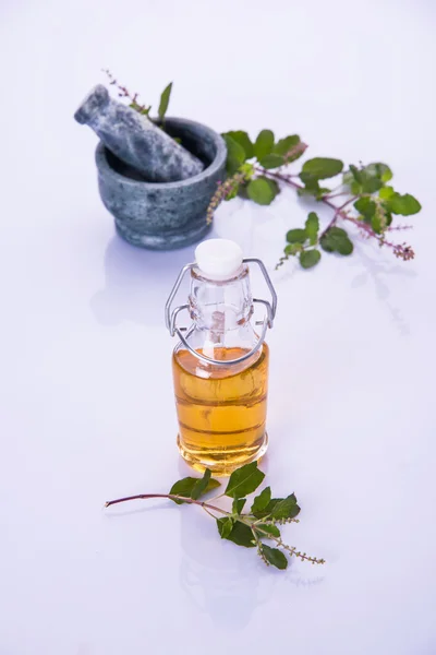 Tulsi olie of Heilige basilicumolie met mortier en stamper, tulsi of Heilige basilicum is een koningin van kruid sinds de oudheid in India in de Ayurveda — Stockfoto