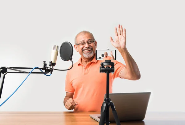 Confident Indian Old Man Speaking Recording Mic Filter While Recording — Stock Photo, Image