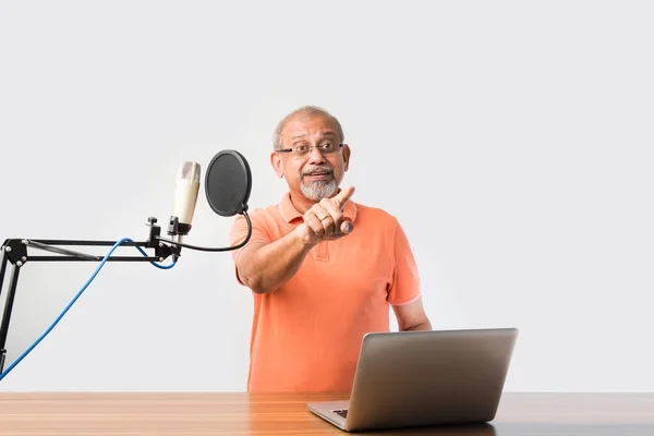 Confident Indian Old Man Speaking Recording Mic Filter While Recording — Stock Photo, Image