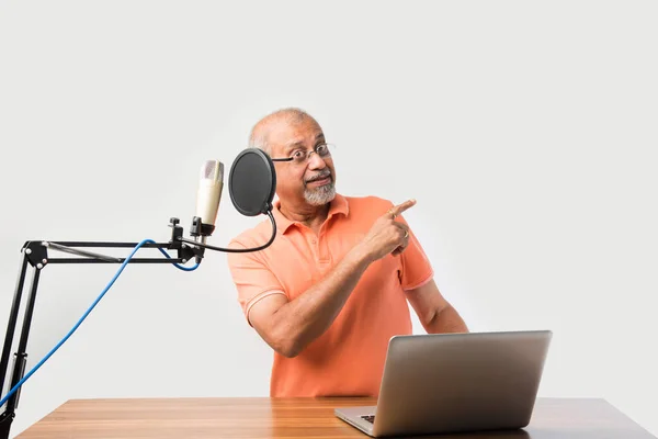 Confident Indian Old Man Speaking Recording Mic Filter While Recording — Stock Photo, Image