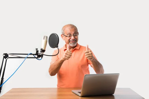 Confident Indian Old Man Speaking Recording Mic Filter While Recording — Stock Photo, Image