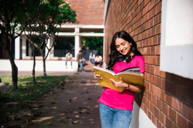 Asyalı Hintli üniversite öğrencisi dizüstü bilgisayar ya da kitap üzerinde çalışırken diğer sınıf arkadaşları arka planda üniversite kampüsünde açık havada resim çekiyor.
