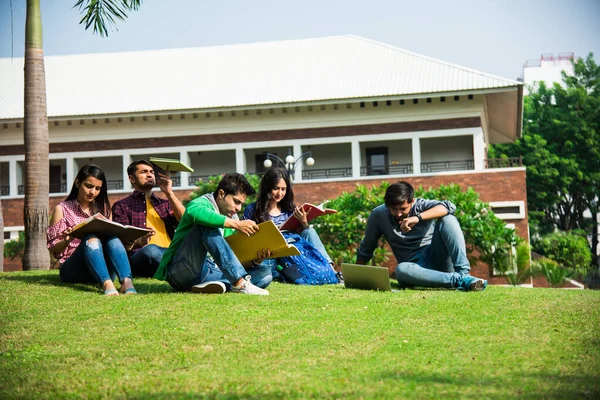 Young Asian Indian college students reading books, studying on laptop, preparing for exam or working on group project while sitting on grass, staircase or steps of college campus