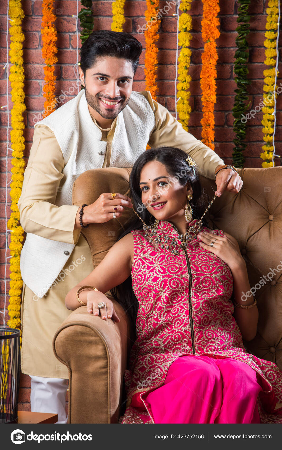Indian Attractive Couple Traditional Wear Celebrating Diwali