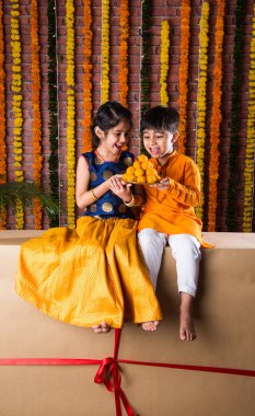 Hintli çocuklar, küçük kardeşler Diwali 'yi kutluyor, Raksha Bandhan, büyük hediye kutusu ve tatlı laddoo ile Bhai Dooj