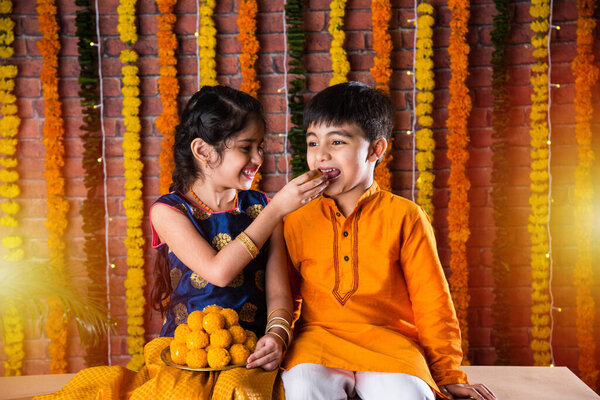 Indian Kids Little Brother Sister Celebrating Diwali Raksha Bandhan Bhai Stock Photo