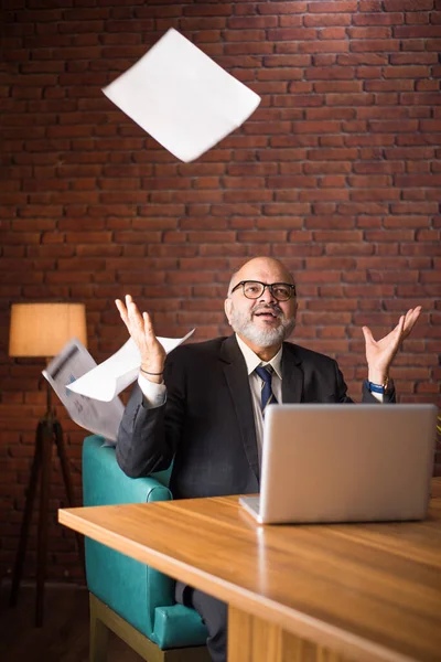 Portrait Indian Asian Senior Businessman Throwing Reading Documents While Sitting — Stock Photo, Image