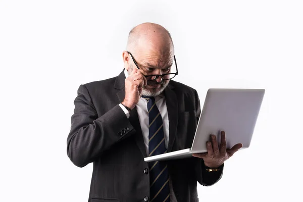 Portrait Senior Indian Asian Businessman Using Laptop Tablet Smartphone While — Stock Photo, Image