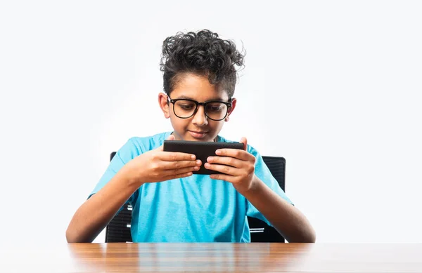 Indian Asian Small Boy Kid Using Smartphone Gaming Education — Stock Photo, Image