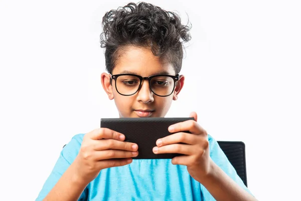 Indian Asian Small Boy Kid Using Smartphone Gaming Education — Stock Photo, Image