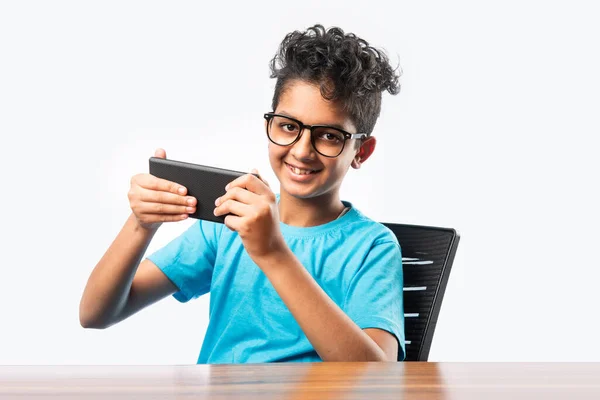 Indian Asian Small Boy Kid Using Smartphone Gaming Education — Stock Photo, Image