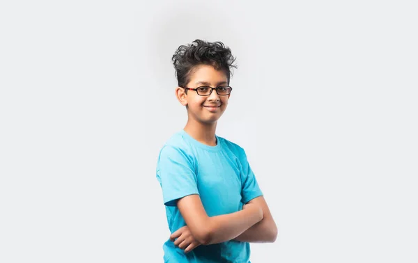 Portrait Cheerful Indian Asian Little Boy Spectacles Celebrating Success Standing — Stock Photo, Image