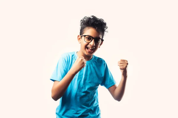Portrait Cheerful Indian Asian Little Boy Spectacles Celebrating Success Standing — Stock Photo, Image