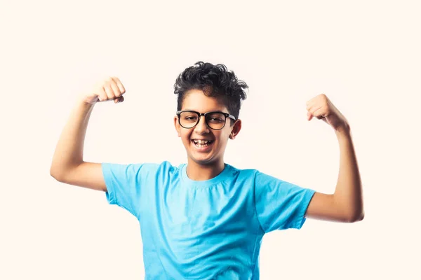 Portrait Cheerful Indian Asian Little Boy Spectacles Celebrating Success Standing — Stock Photo, Image