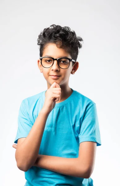 Indian Male Kid Thinking White Background Asian Little Boy Wears — Stock Photo, Image