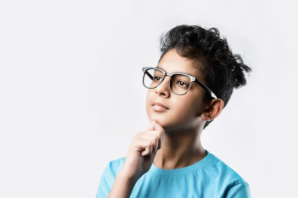 Indian Male Kid Thinking White Background Asian Little Boy Wears — Stock Photo, Image