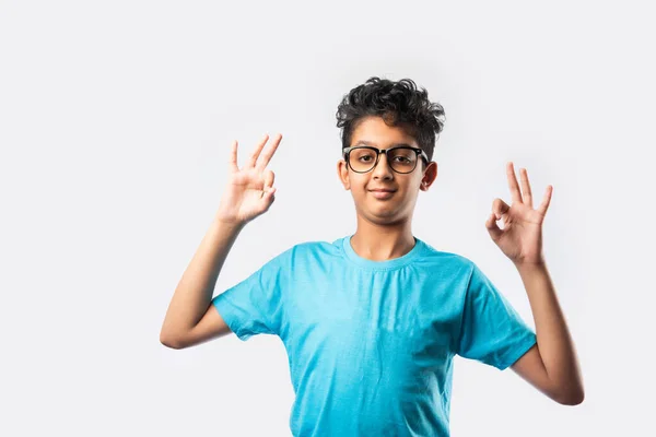 Portrait Cheerful Indian Asian Little Boy Spectacles Celebrating Success Standing — Stock Photo, Image