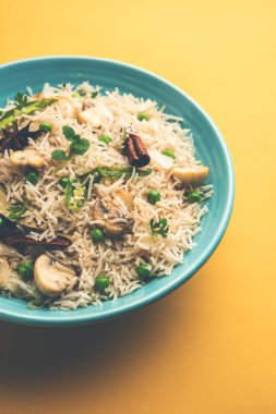 Lezzetli mantar veya mantarlı pilav veya Pulav veya Pilaf veya Pulao veya Biryani bir kase veya tabakta servis edilir, seçici bir odaklanma