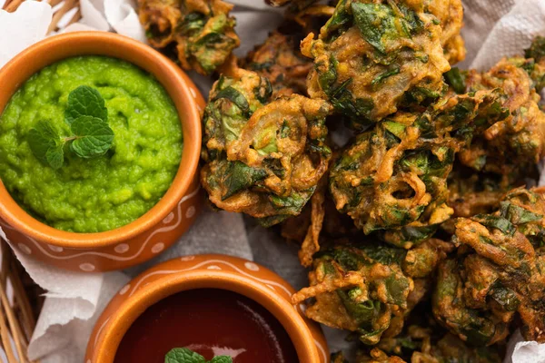 Zelfgemaakte Smakelijke Palak Pakoda Pakora Bekend Als Spinach Firtters Geserveerd — Stockfoto