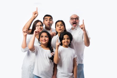 Hint çoklu nesiller ailesi, beyaz arka plana karşı izole edilmiş bir şekilde boş alanı işaret ediyor ya da sunuyor.