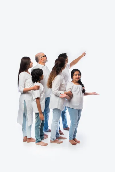 Indiase Multigenerationele Familie Wijzen Presenteren Lege Ruimte Geïsoleerd Tegen Een — Stockfoto